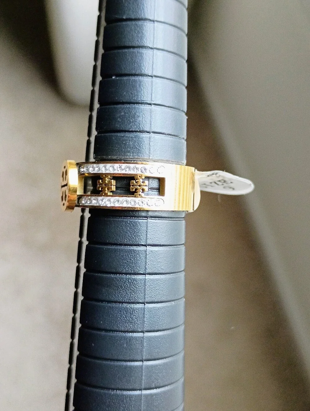 New Gold Tone Logo Accent Crystal Band Ring - Women Jewelry